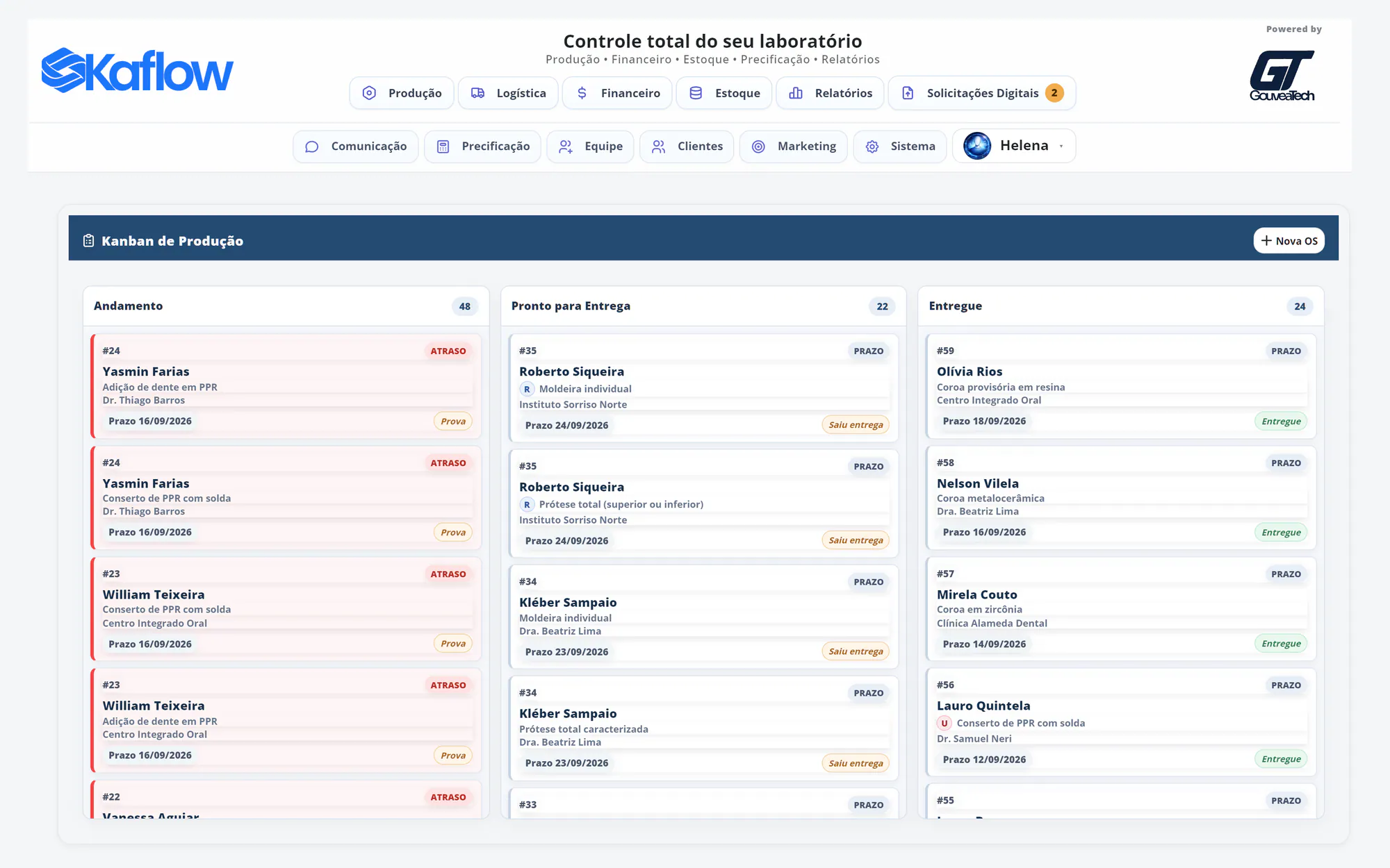 Kanban de Produção do KAFLOW com as colunas Andamento, Pronto para Entrega e Entregue, e cartões de ordens de serviço com paciente, serviço, clínica, prazo e situação.